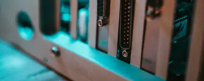 Circuit board with connectors under blue lighting