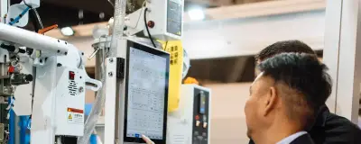 Inspecting equipment at a technology expo