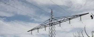 Old cars in a yard beneath power lines