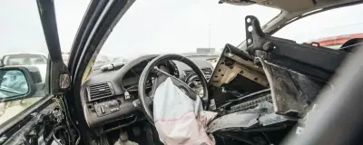 Damaged car interior at a salvage yard
